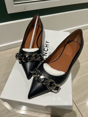 Givenchy Black Leather Pointed Flats with Silver Chain